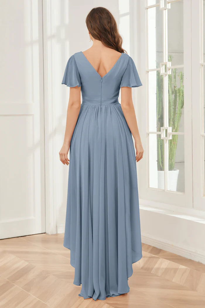 Calm A-Line Deep V-Neck Flutter-Sleeve Open-Back Dusty Blue Chiffon High-Low Bridesmaid Dresses