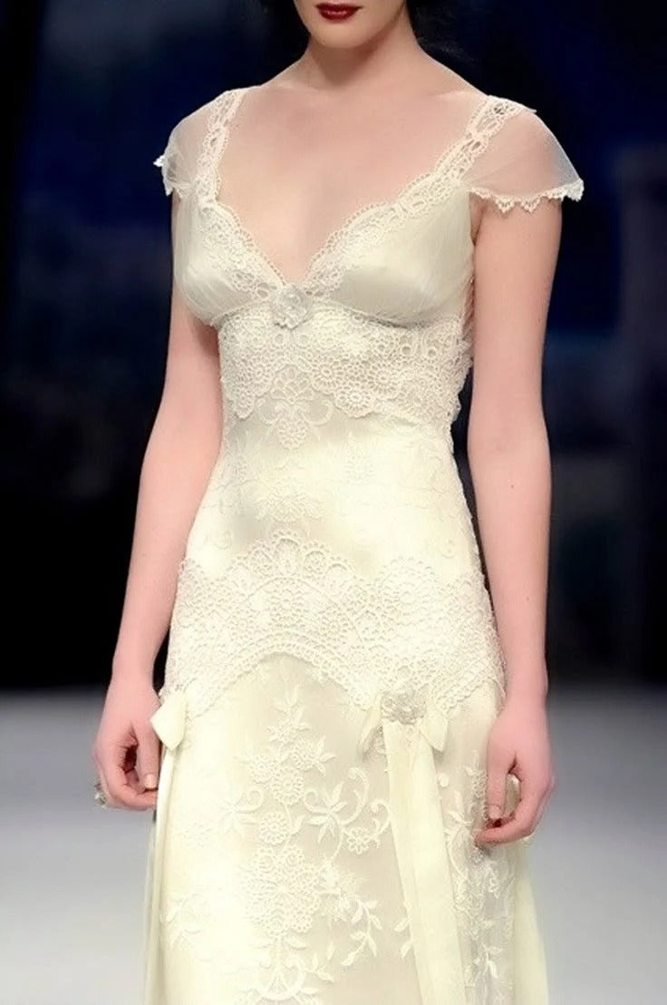 Cap Sleeve Deep V-Neck Sheath Bridal Gown with Backless Design & Ribbon Accents