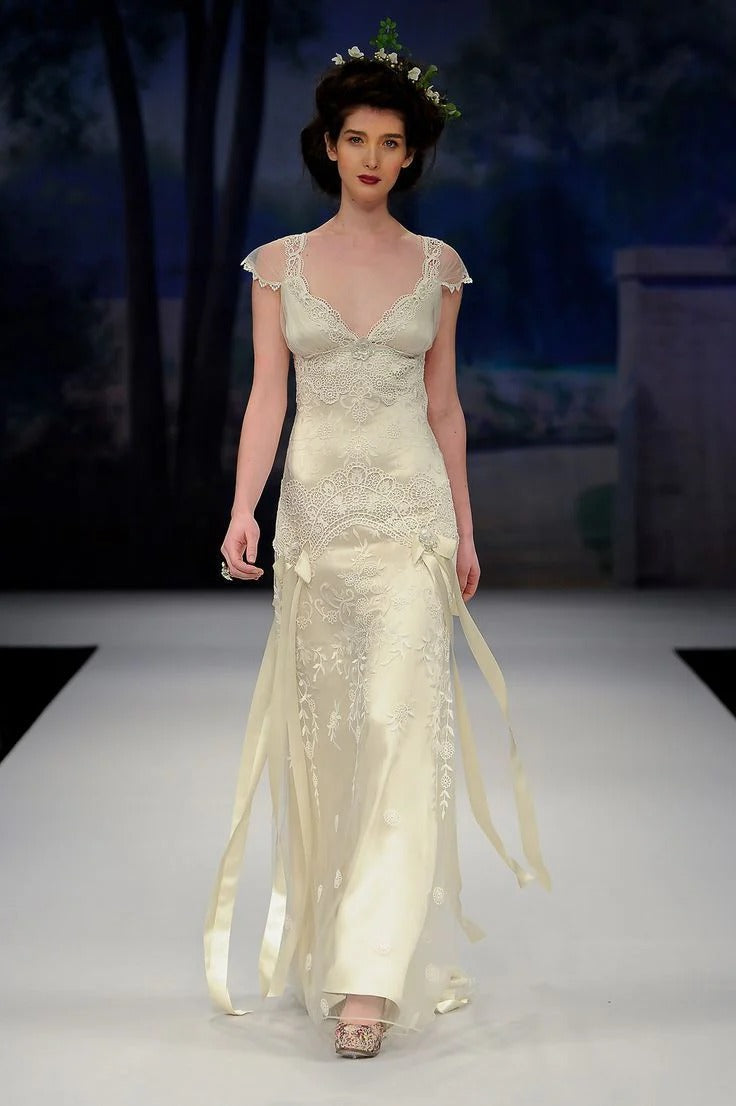 Cap Sleeve Deep V-Neck Sheath Bridal Gown with Backless Design & Ribbon Accents