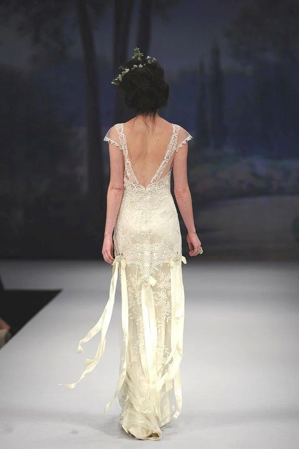 Cap Sleeve Deep V-Neck Sheath Bridal Gown with Backless Design & Ribbon Accents