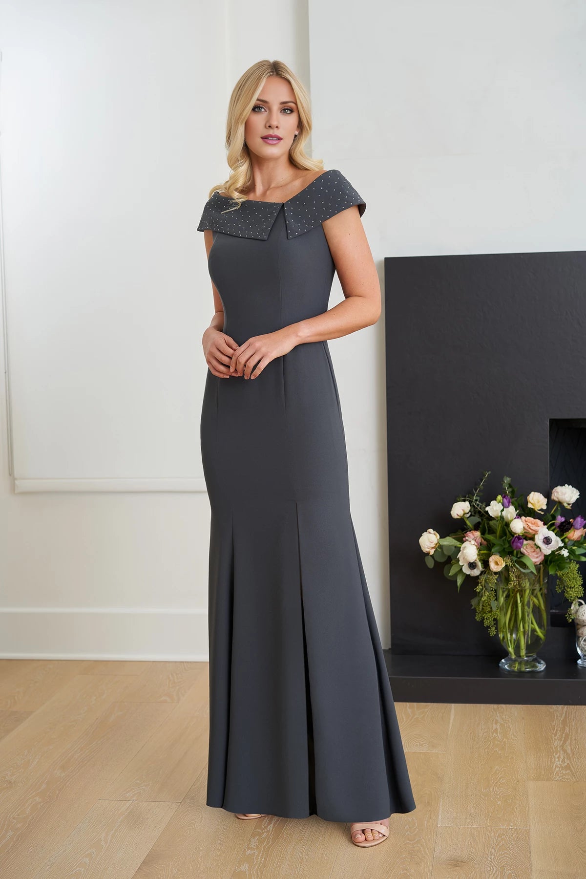 Captivating Soft Crepe Fit and Flare Gown with Asymmetrical Notched Rhinestone Portrait Collar Neckline Mother of the Bride Dresses