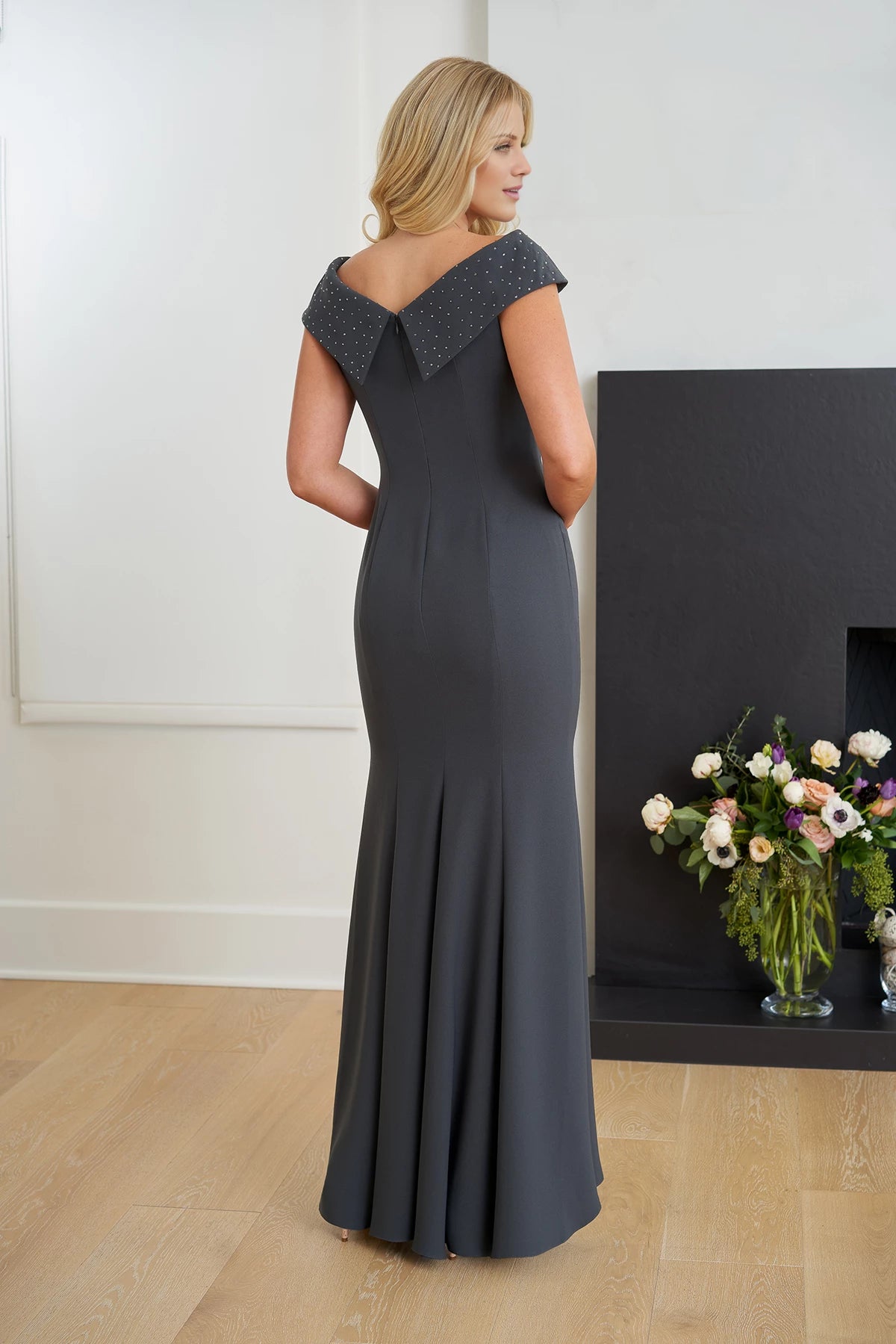 Captivating Soft Crepe Fit and Flare Gown with Asymmetrical Notched Rhinestone Portrait Collar Neckline Mother of the Bride Dresses