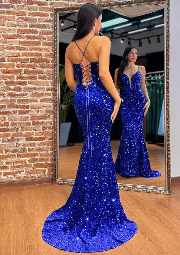 Celestial Royal Blue Sequin Mermaid Gown with Lace-Up Back & Plunging V-Neck