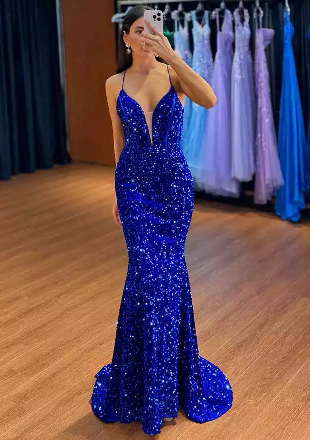 Celestial Royal Blue Sequin Mermaid Gown with Lace-Up Back & Plunging V-Neck