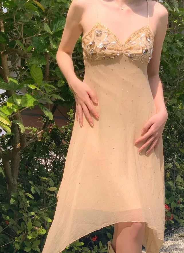 Champagne Beaded Spaghetti Strap Asymmetrical Chiffon Slip Dress