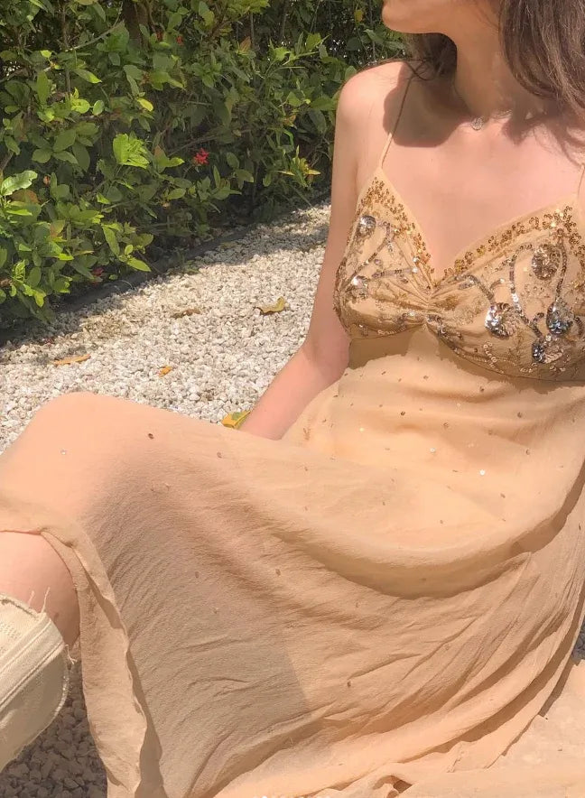 Champagne Beaded Spaghetti Strap Asymmetrical Chiffon Slip Dress