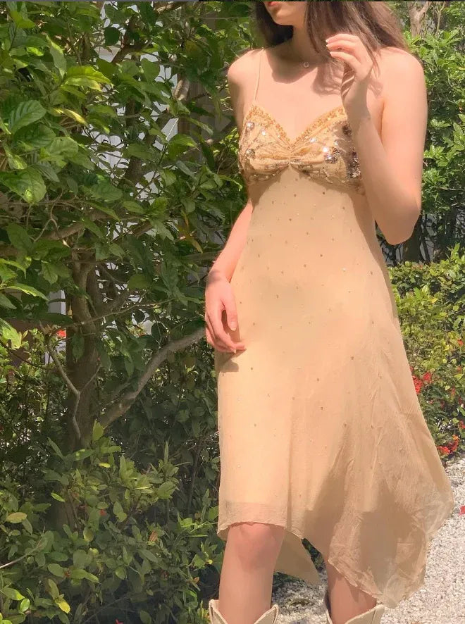 Champagne Beaded Spaghetti Strap Asymmetrical Chiffon Slip Dress