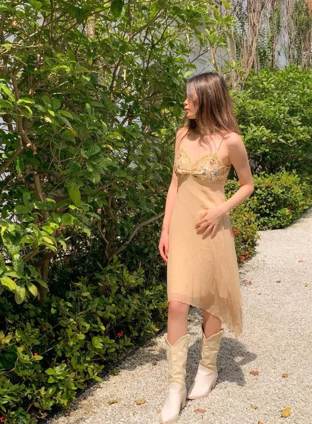 Champagne Beaded Spaghetti Strap Asymmetrical Chiffon Slip Dress