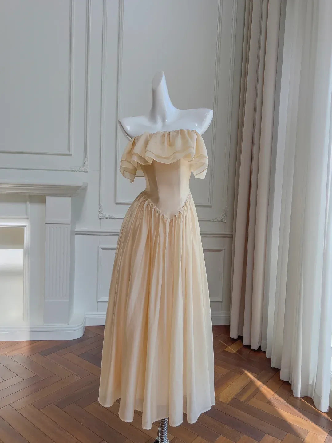 Champagne Chiffon Off-Shoulder Midi Dress – Ruffle Trim Corset Bodice Formal Dress