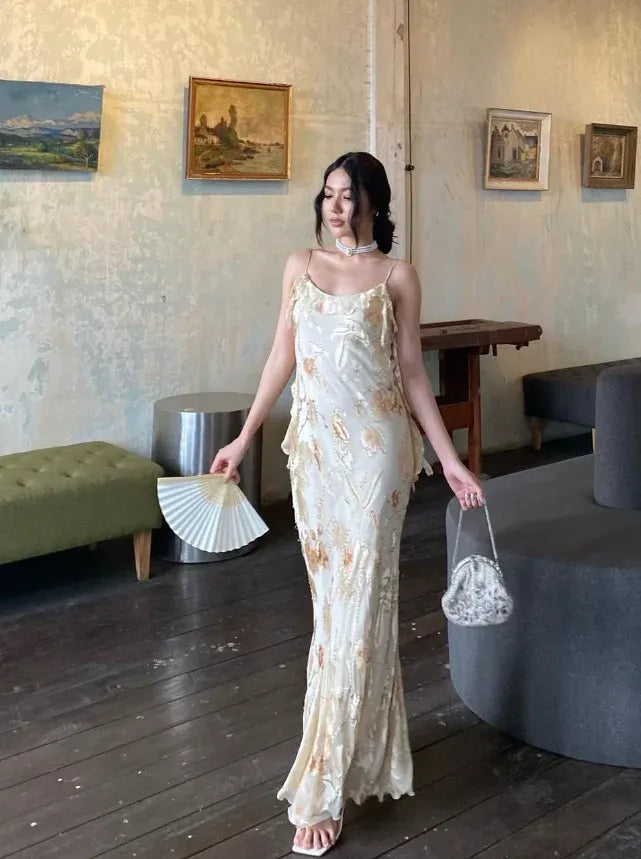 Champagne Floral Embroidered Spaghetti Strap Slip Maxi Gown