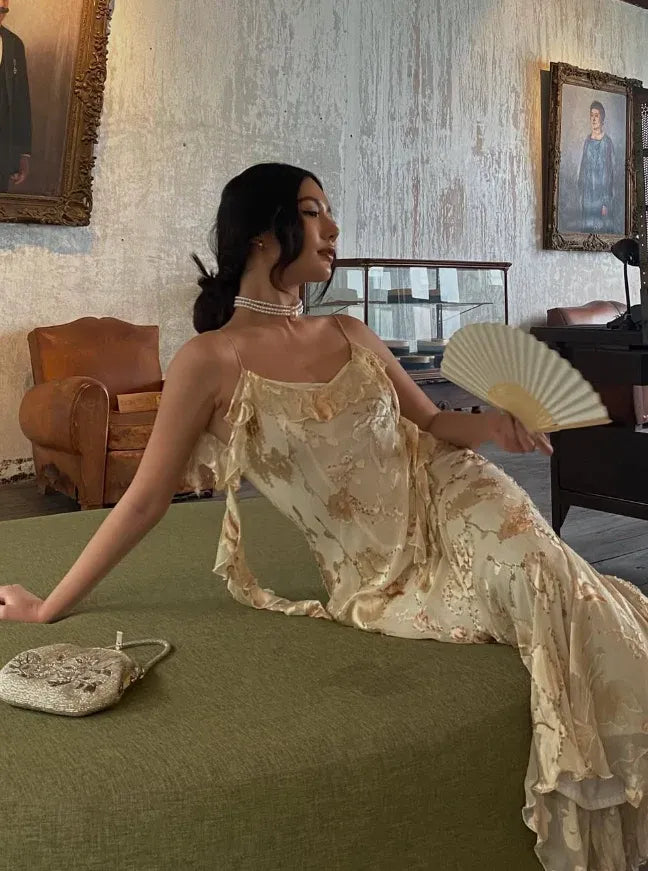 Champagne Floral Embroidered Spaghetti Strap Slip Maxi Gown