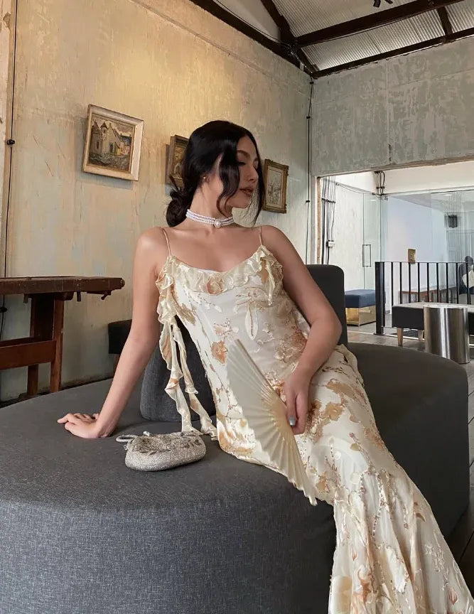 Champagne Floral Embroidered Spaghetti Strap Slip Maxi Gown