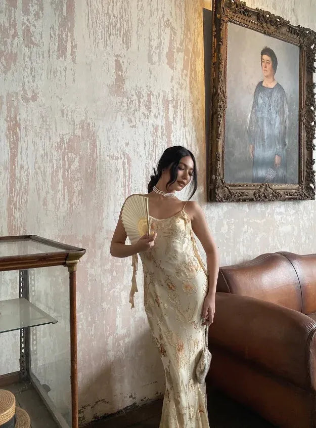 Champagne Floral Embroidered Spaghetti Strap Slip Maxi Gown