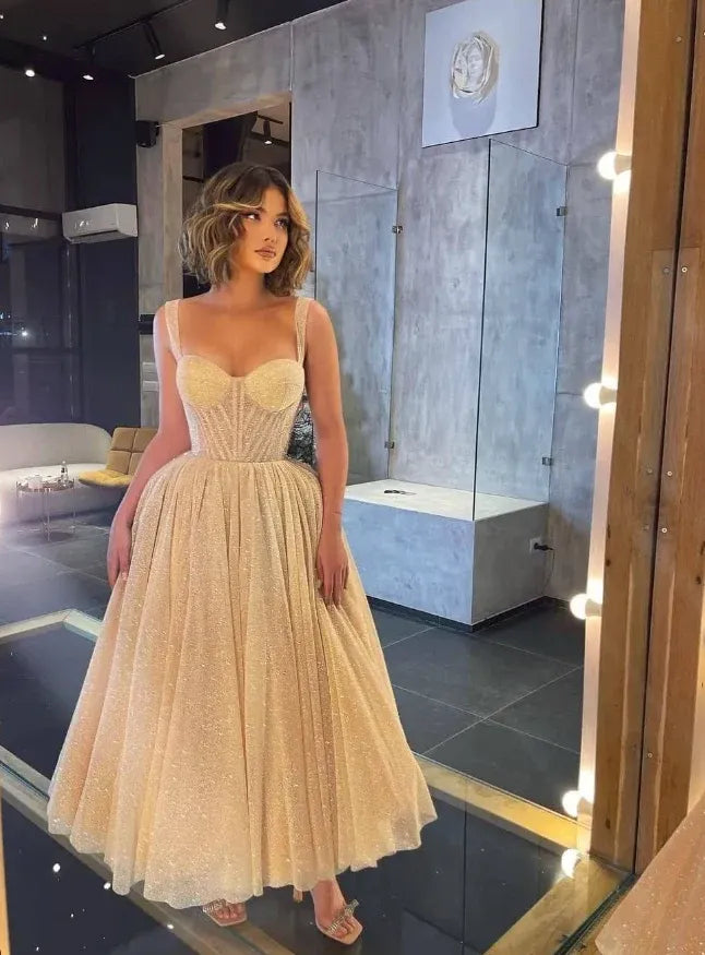 Champagne Gold Glitter Spaghetti Strap Sweetheart Corset Midi Ball Gown