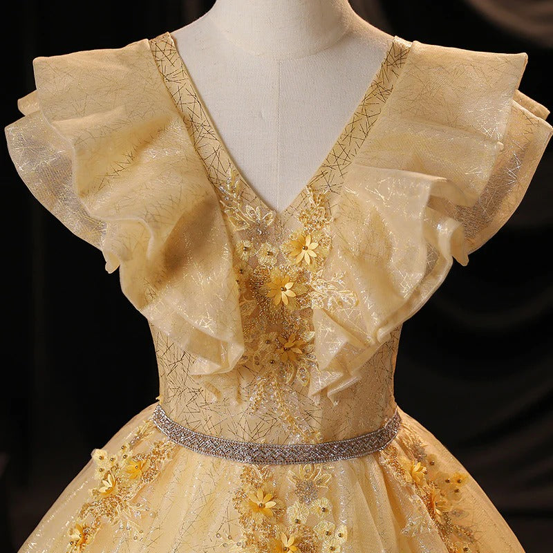 Champagne Gold Ruffle V-Neck Glitter Tulle A-Line Ball Gown with Lace-Up Back