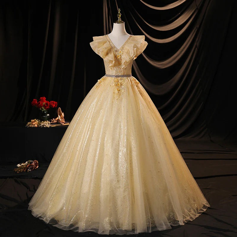 Champagne Gold Ruffle V-Neck Glitter Tulle A-Line Ball Gown with Lace-Up Back
