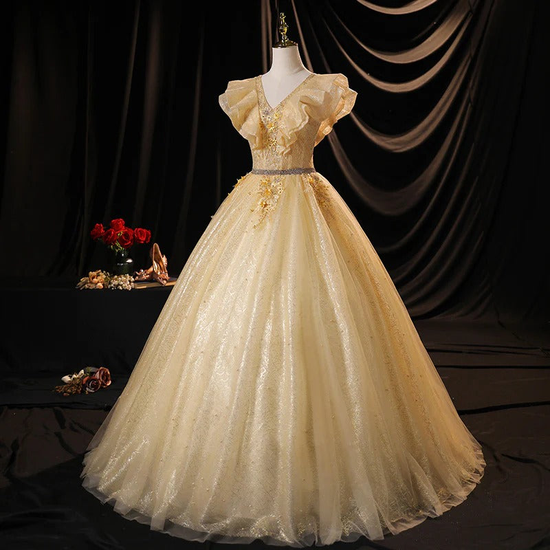 Champagne Gold Ruffle V-Neck Glitter Tulle A-Line Ball Gown with Lace-Up Back