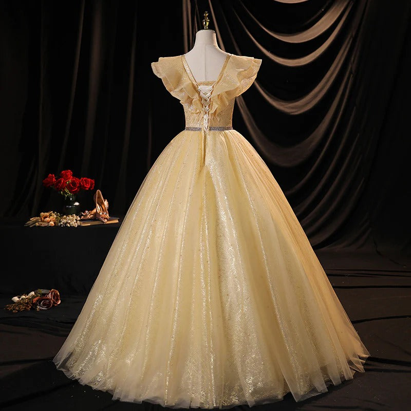 Champagne Gold Ruffle V-Neck Glitter Tulle A-Line Ball Gown with Lace-Up Back