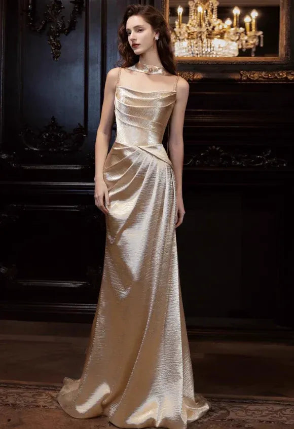 Champagne Gold Satin Halter Strap Maxi Dress