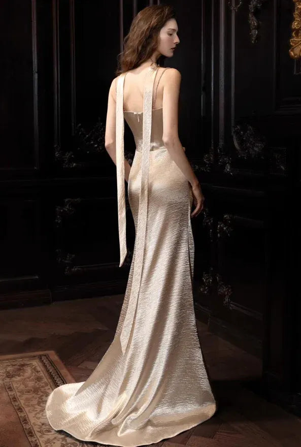 Champagne Gold Satin Halter Strap Maxi Dress