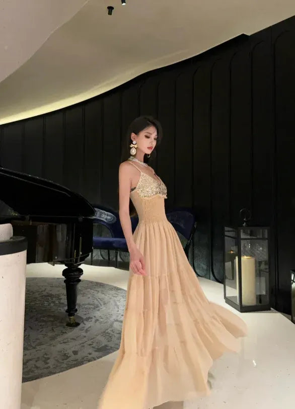 Champagne Gold Sequin Spaghetti Strap Tiered Tulle Maxi Dress – Evening Prom Party Gown