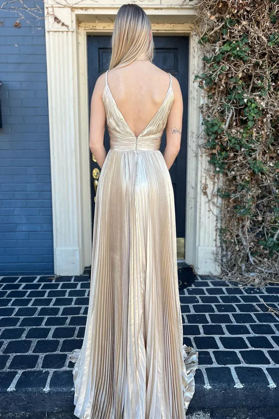 Champagne Gold Spaghetti-Strap Pleated Satin A-Line Evening Gown with Open Back
