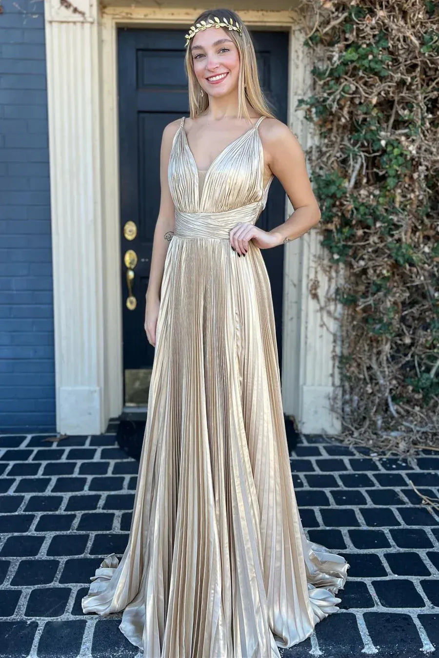 Champagne Gold Spaghetti-Strap Pleated Satin A-Line Evening Gown with Open Back