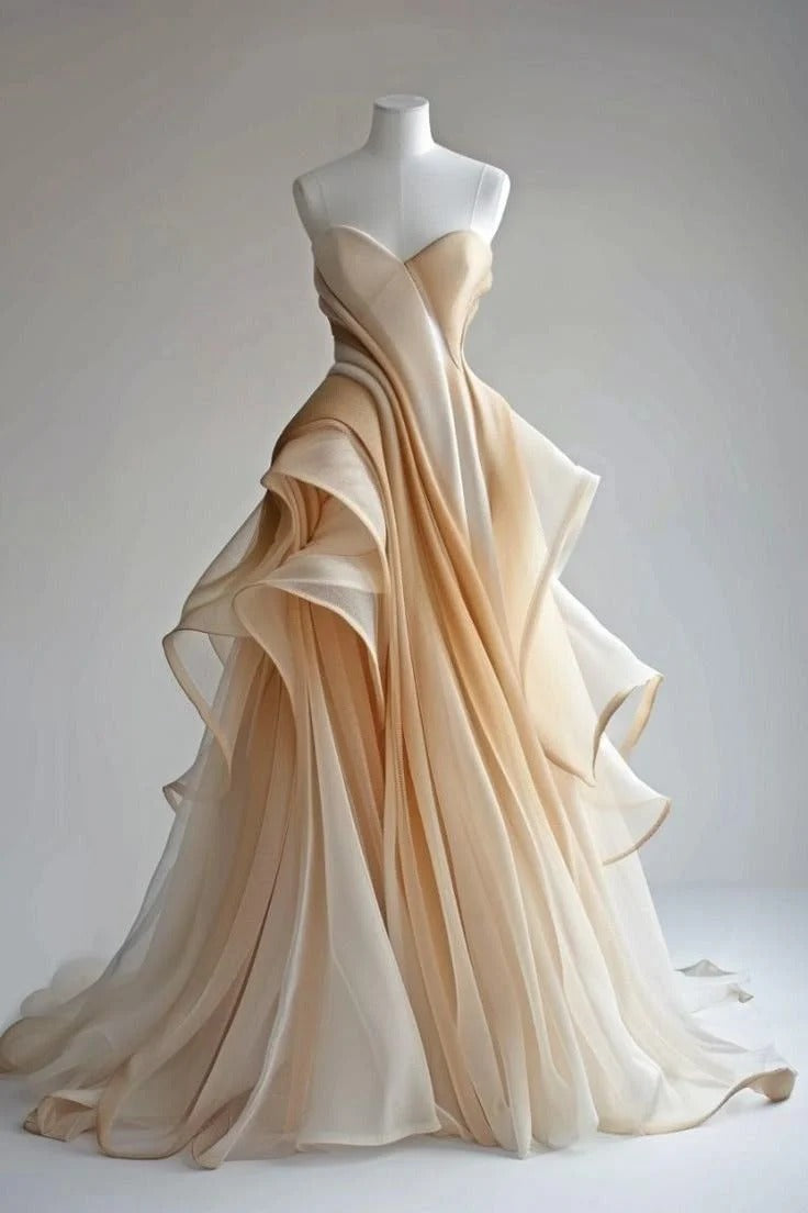 Champagne Gradient Organza Strapless Sculptural Ruffle Gown with Train