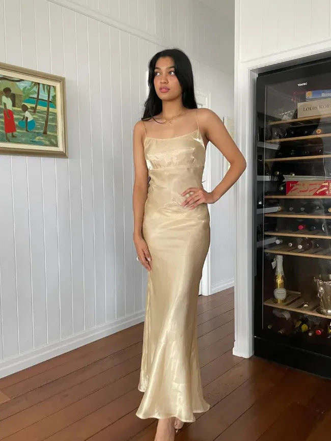 Champagne Metallic Open-Back Maxi Dress – Spaghetti Strap Satin Formal Evening Gown