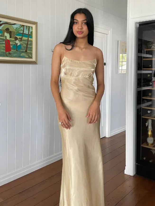 Champagne Metallic Open-Back Maxi Dress – Spaghetti Strap Satin Formal Evening Gown