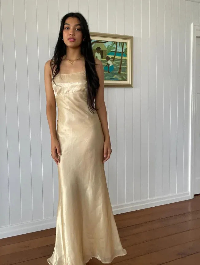 Champagne Metallic Open-Back Maxi Dress – Spaghetti Strap Satin Formal Evening Gown