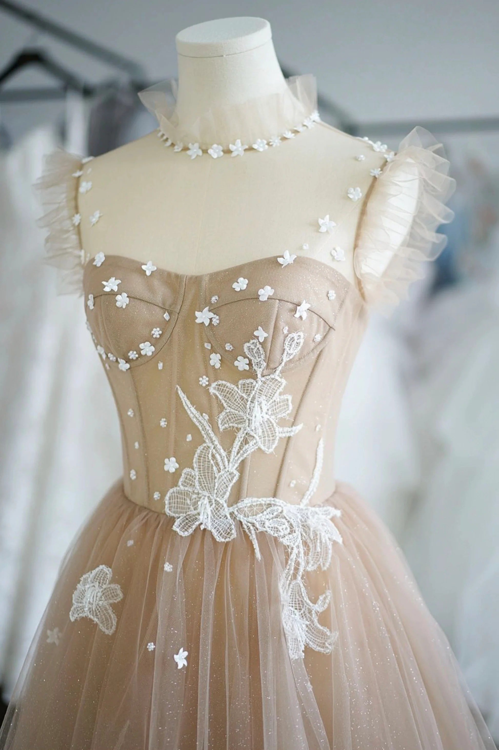 Champagne Nude Illusion Neck Ruffle 3D Floral Lace Tulle A-Line Midi Dress