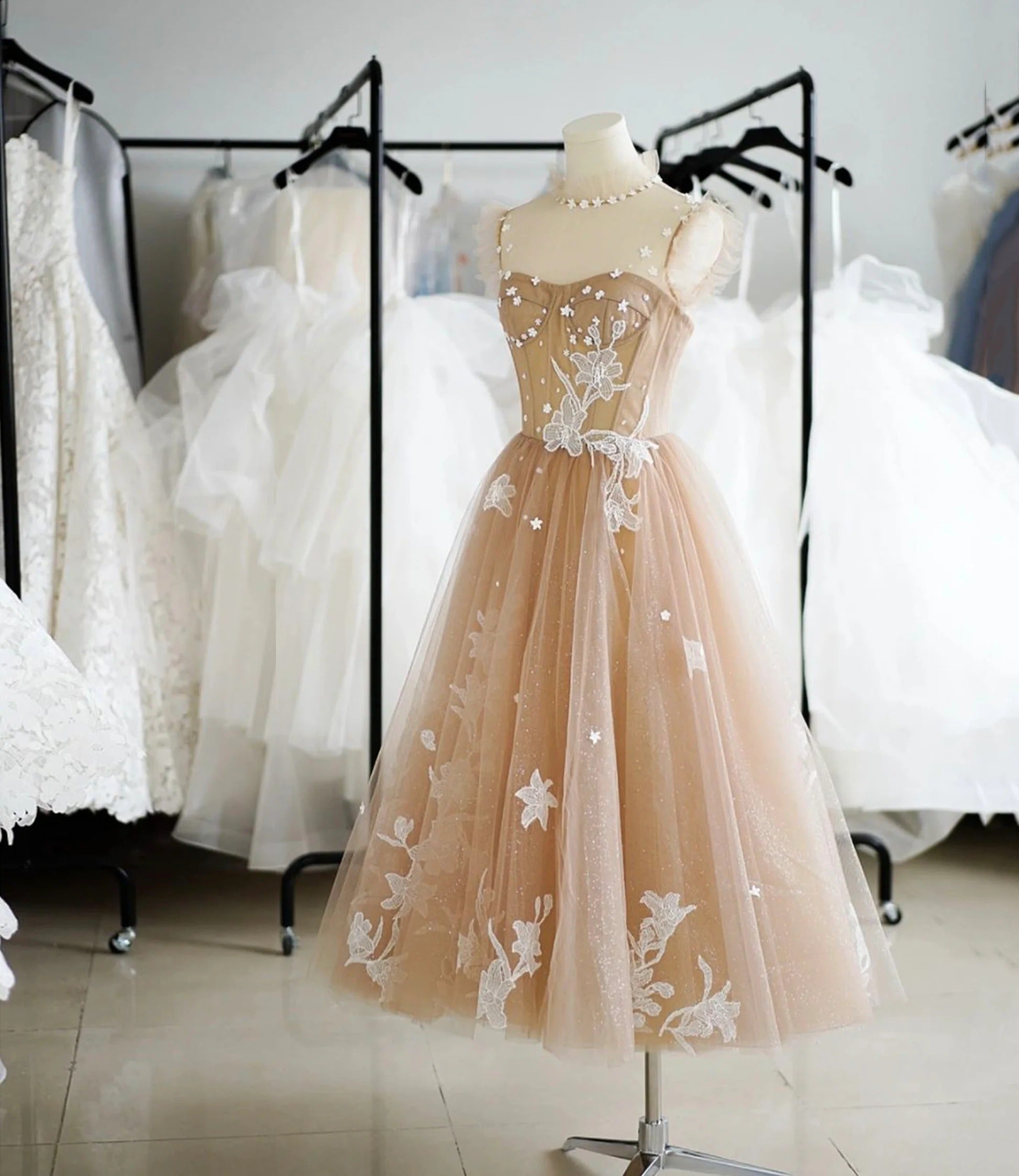 Champagne Nude Illusion Neck Ruffle 3D Floral Lace Tulle A-Line Midi Dress