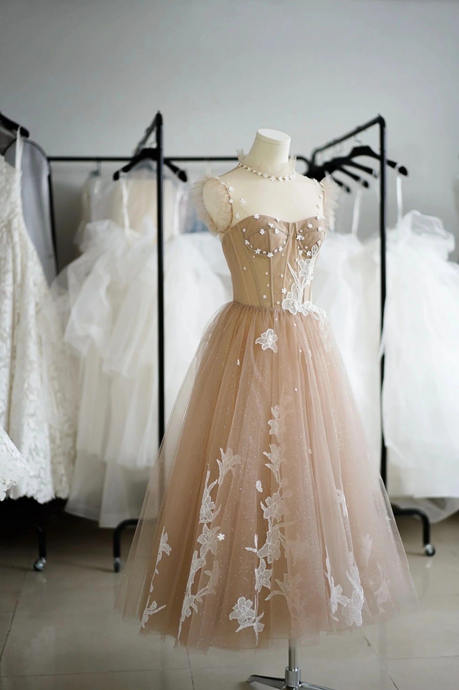 Champagne Nude Illusion Neck Ruffle 3D Floral Lace Tulle A-Line Midi Dress