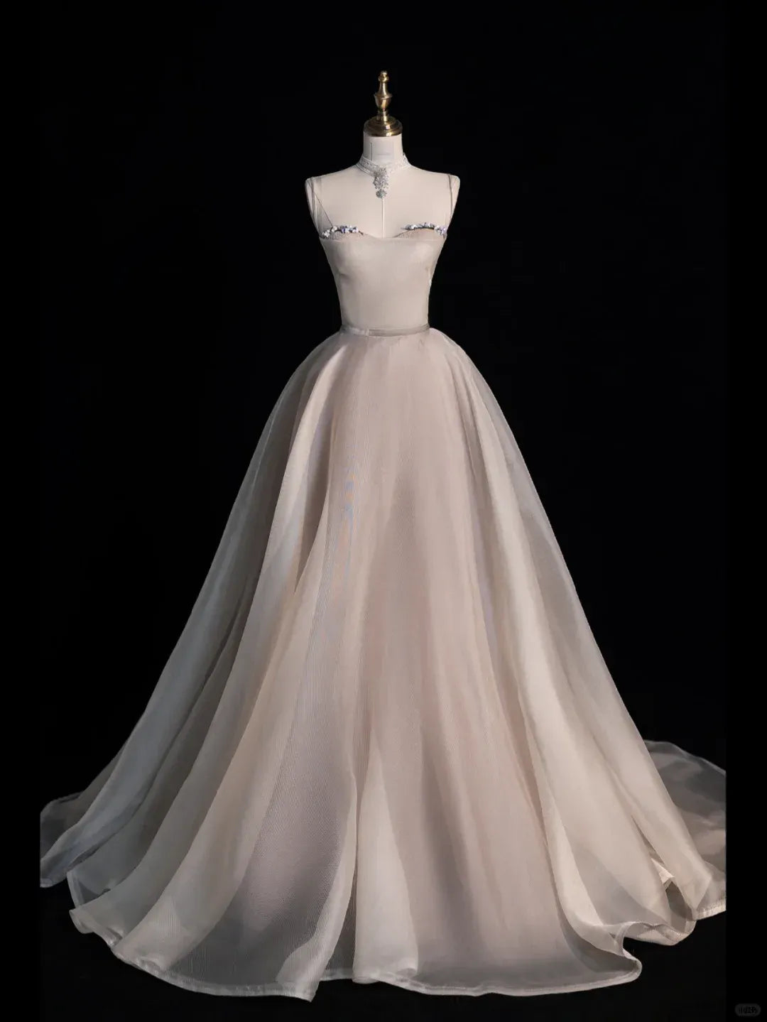 Champagne Organza Spaghetti Strap Ball Gown with Train