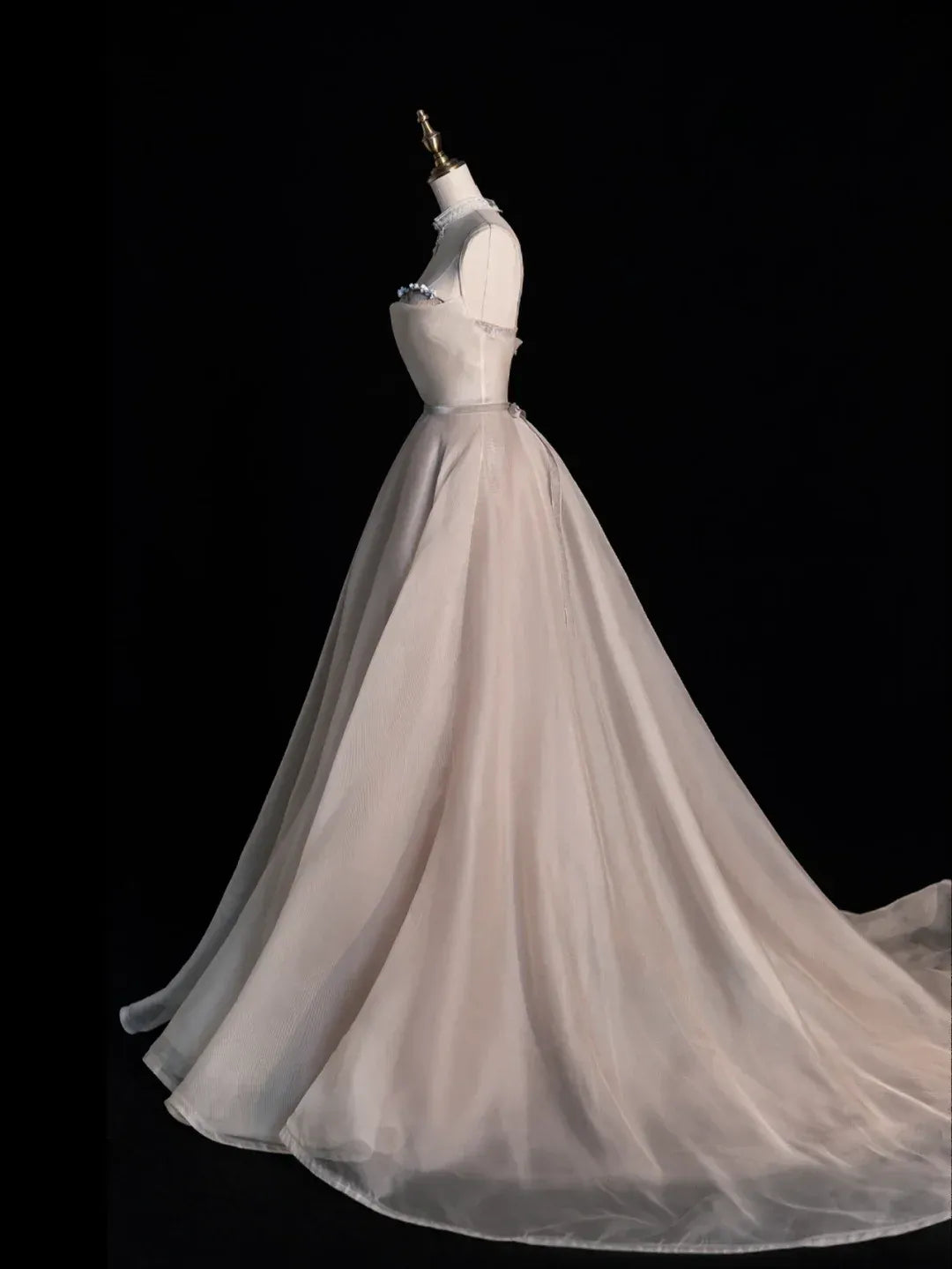 Champagne Organza Spaghetti Strap Ball Gown with Train