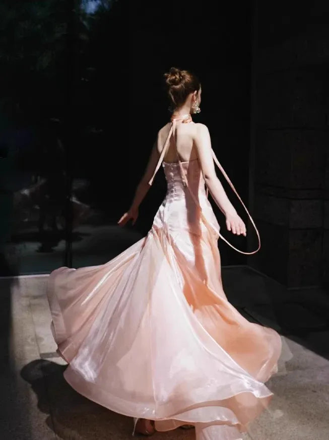 Champagne Pink Halter Neck Shimmer Tulle Princess Gown