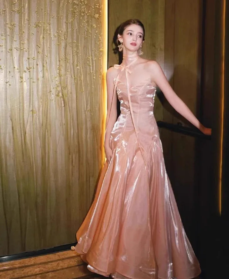 Champagne Pink Halter Neck Shimmer Tulle Princess Gown