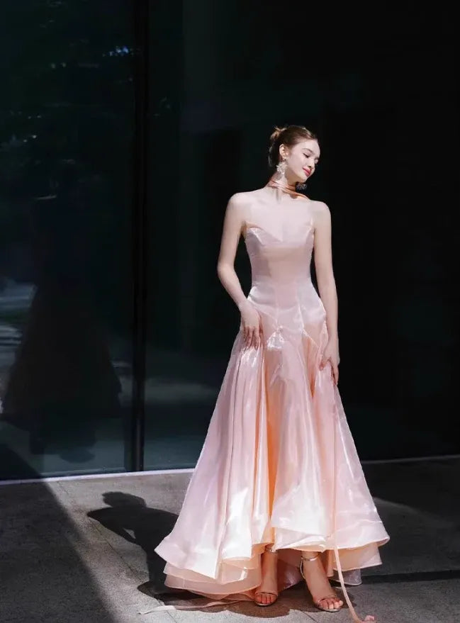 Champagne Pink Halter Neck Shimmer Tulle Princess Gown