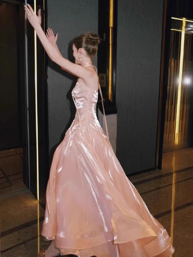 Champagne Pink Halter Neck Shimmer Tulle Princess Gown