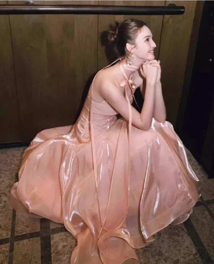 Champagne Pink Halter Neck Shimmer Tulle Princess Gown
