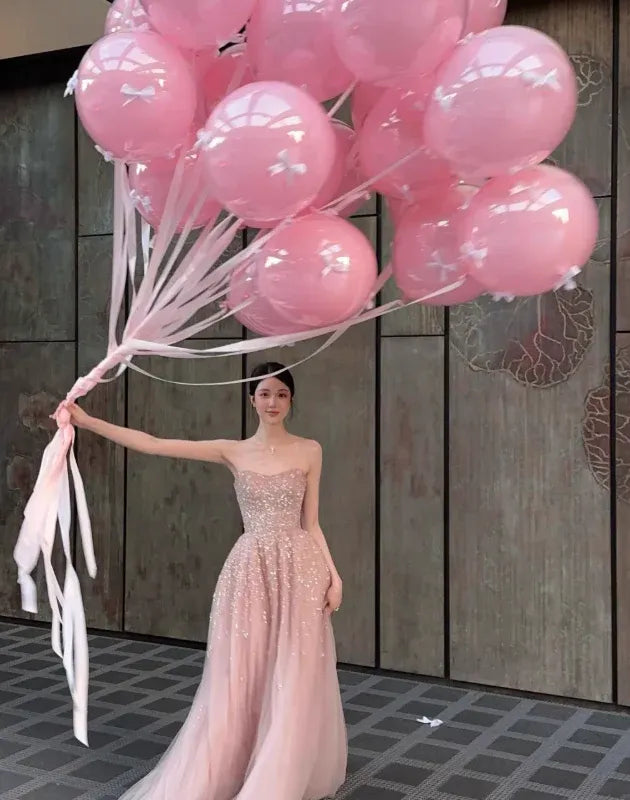 Champagne Pink Sequin Strapless Tulle Mermaid Gown – Prom Wedding Evening Dress