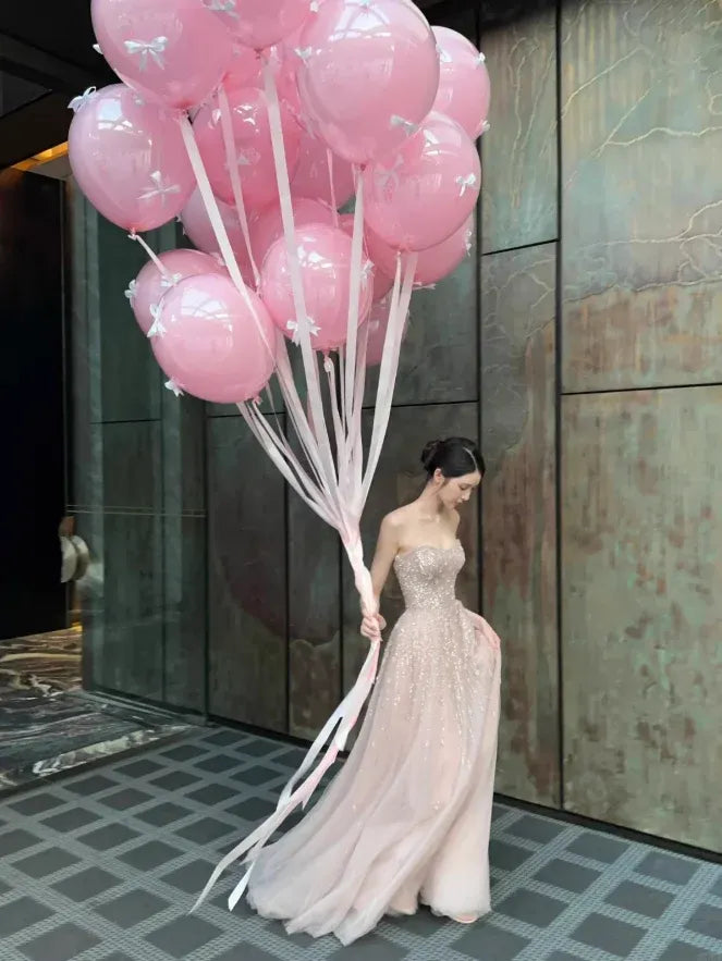 Champagne Pink Sequin Strapless Tulle Mermaid Gown – Prom Wedding Evening Dress