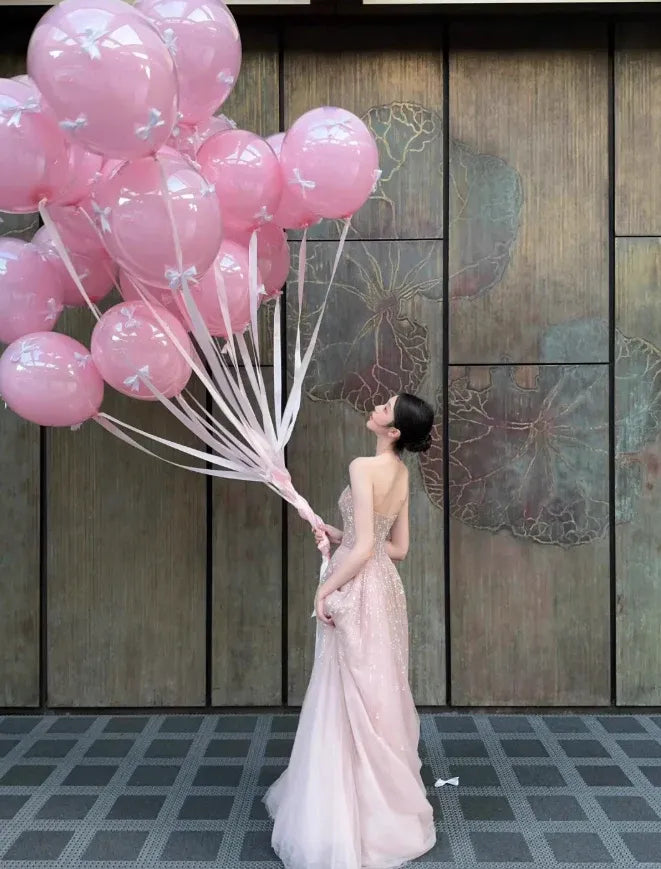Champagne Pink Sequin Strapless Tulle Mermaid Gown – Prom Wedding Evening Dress