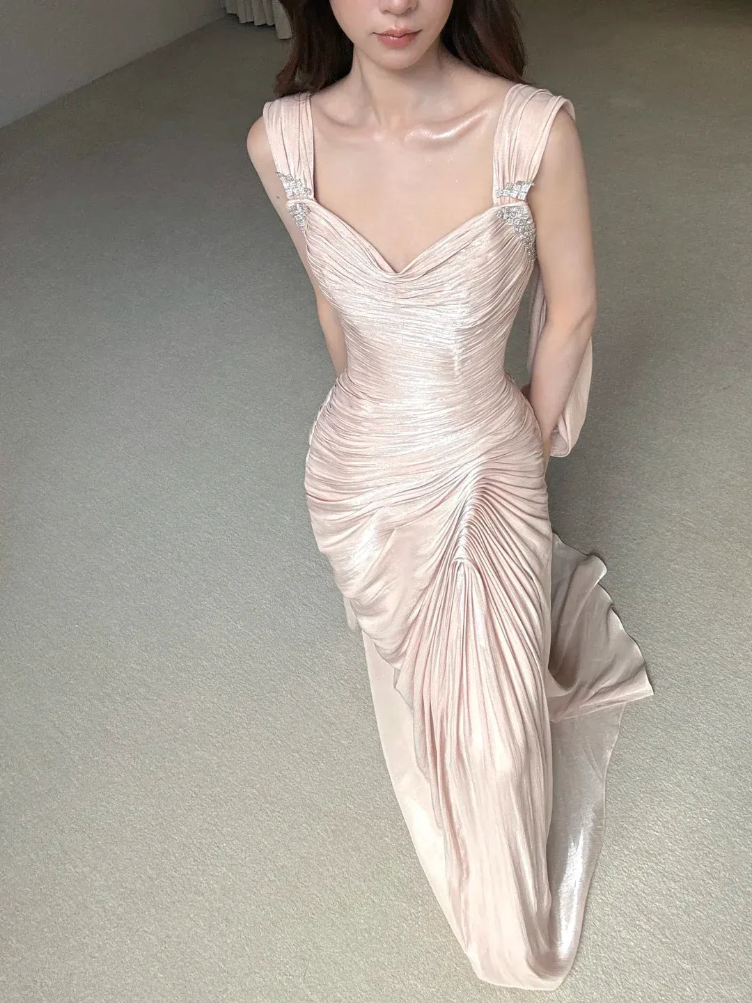Champagne Ruched Satin Gown – Beaded Strap Prom Dress with Draped Train