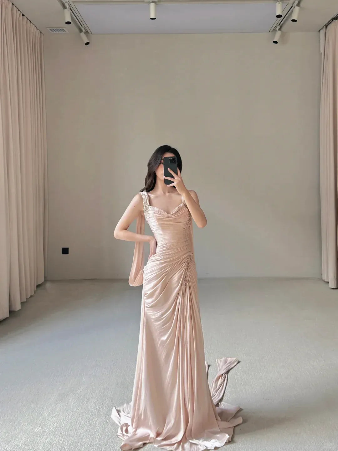 Champagne Ruched Satin Gown – Beaded Strap Prom Dress with Draped Train