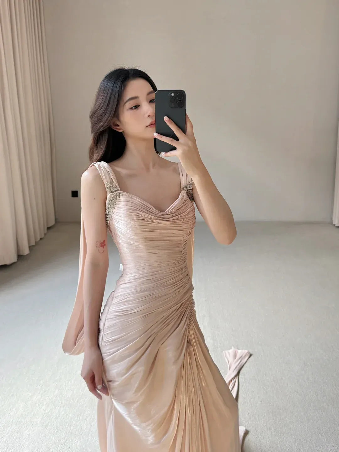Champagne Ruched Satin Gown – Beaded Strap Prom Dress with Draped Train
