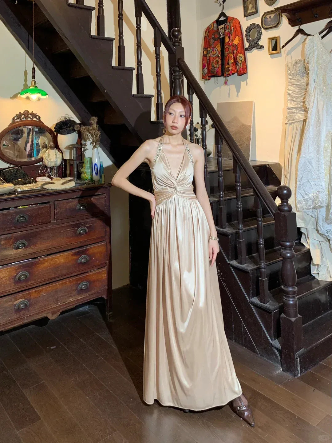 Champagne Satin Beaded Halter Maxi Dress – Twist Waist Formal Gown with Rhinestone Straps