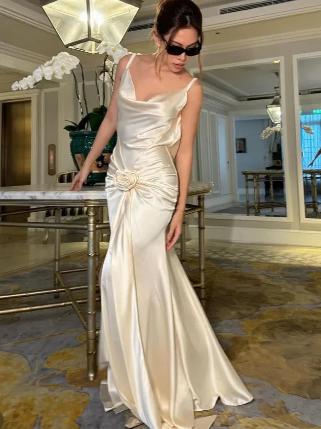 Champagne Satin Cowl Neck Open Back Mermaid Maxi Gown with 3D Floral Detail & Train