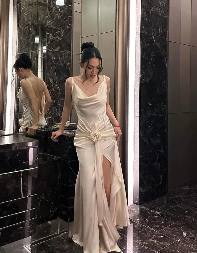 Champagne Satin Cowl Neck Open Back Mermaid Maxi Gown with 3D Floral Detail & Train